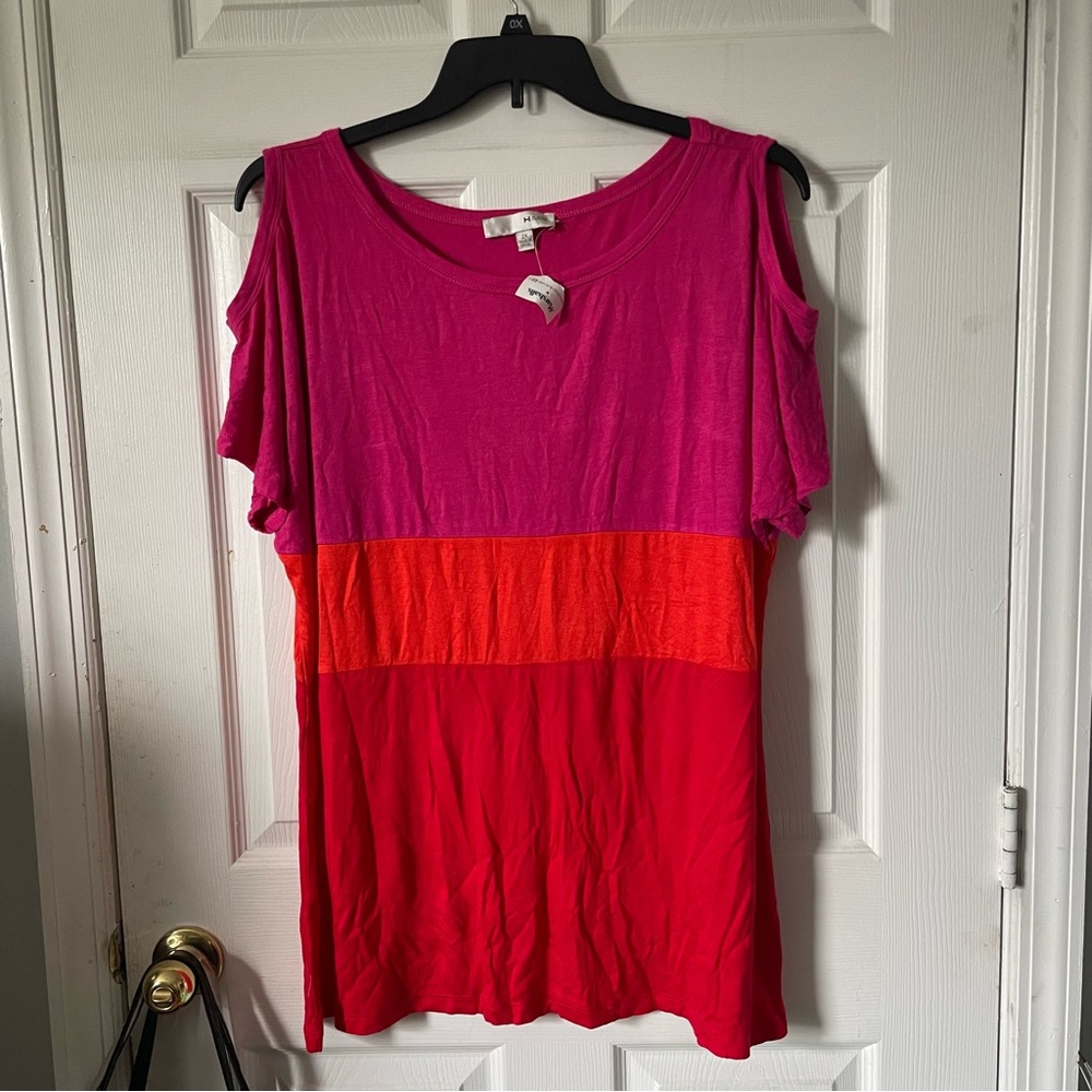Women’s Colorblock Cold-Shoulder Top in Fuchsia, Orange & Red